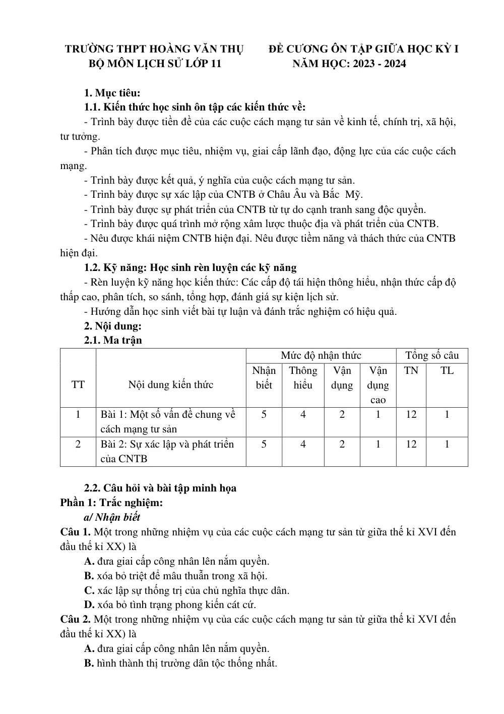 Đề cương ôn tập Giữa kì 1 Lịch sử 11 năm 2023-2024 trường THPT Hoàng Văn Thụ (Hà Nội) - trang 1