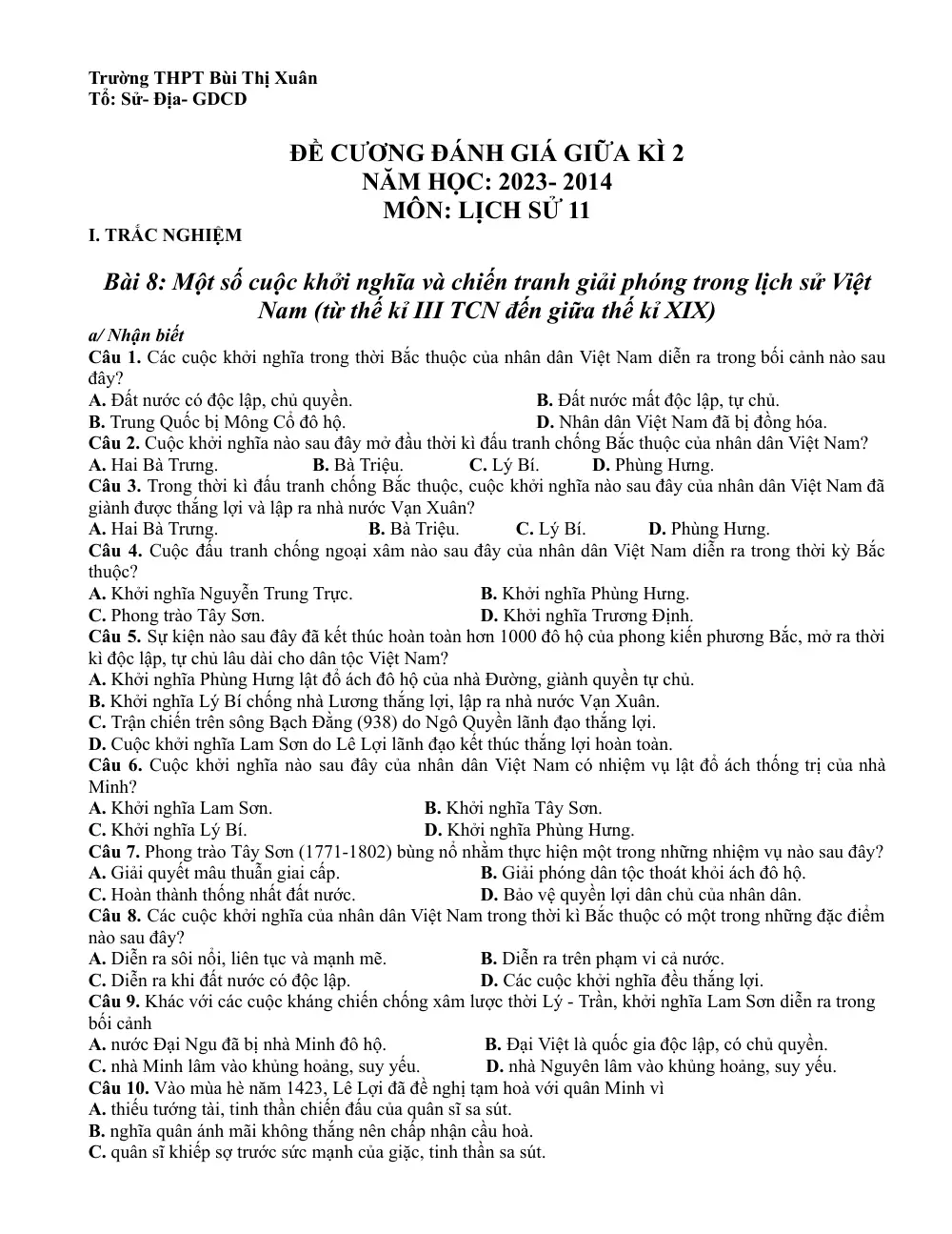 Đề cương ôn tập Giữa kì 2 Lịch sử 11 năm 2023-2024 trường THPT Bùi Thị Xuân (Lâm Đồng) - trang 1