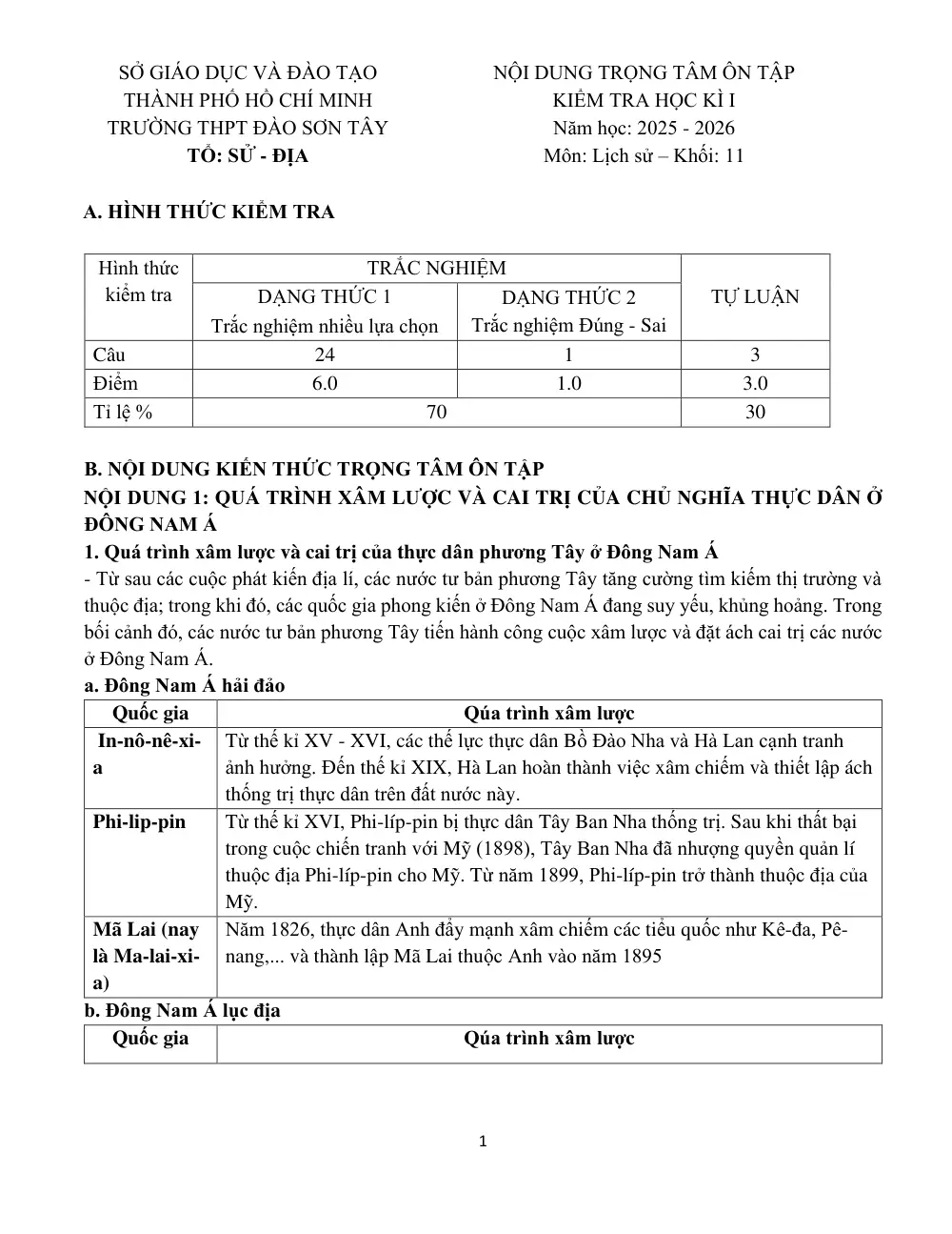 Đề cương ôn tập Học kì 1 Lịch sử 11 năm 2025-2026 trường THPT Đào Sơn Tây (TP Hồ Chí Minh) - trang 1