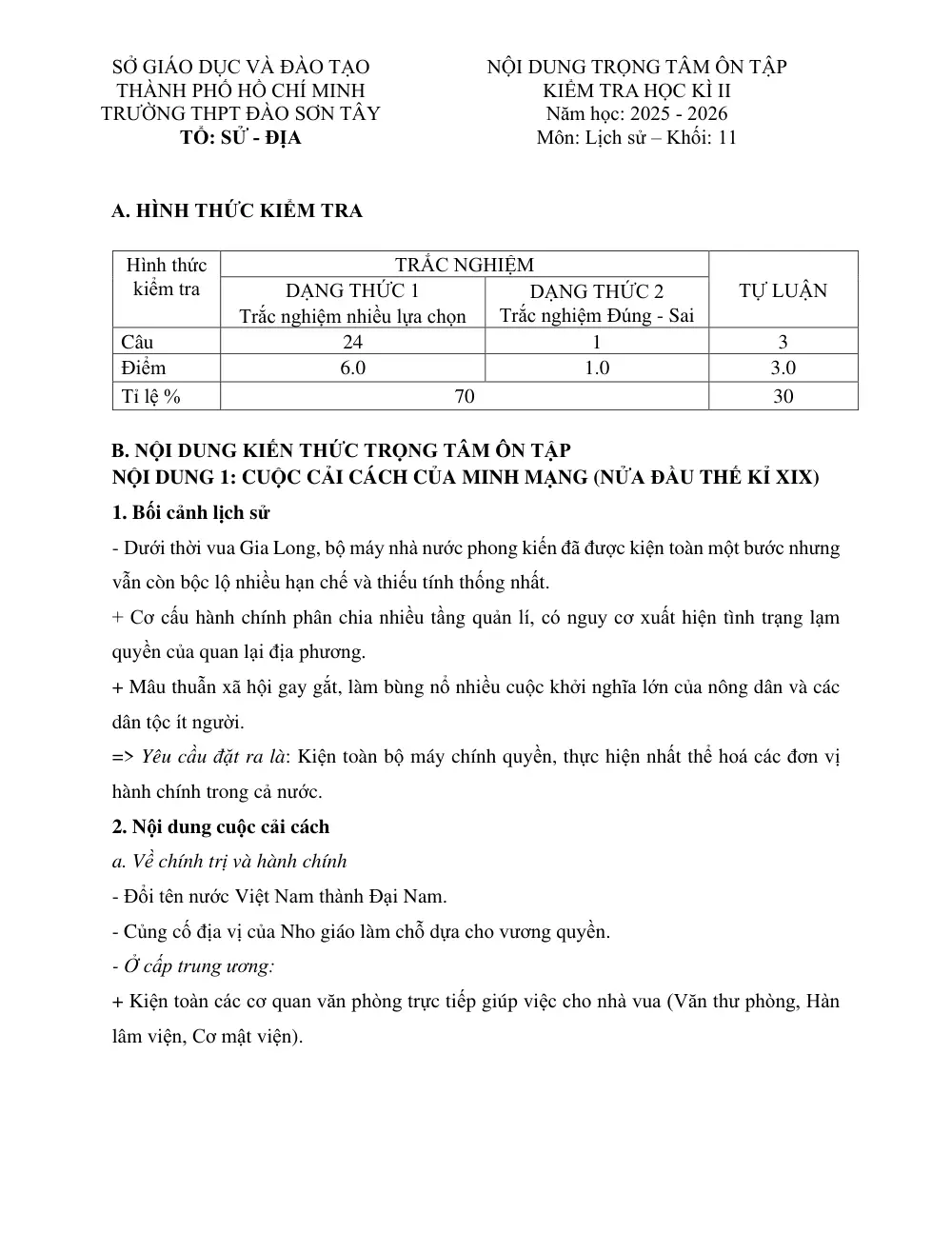 Đề cương ôn tập Học kì 2 Lịch sử 11 năm 2025-2026 trường THPT Đào Sơn Tây (TP Hồ Chí Minh) - trang 1
