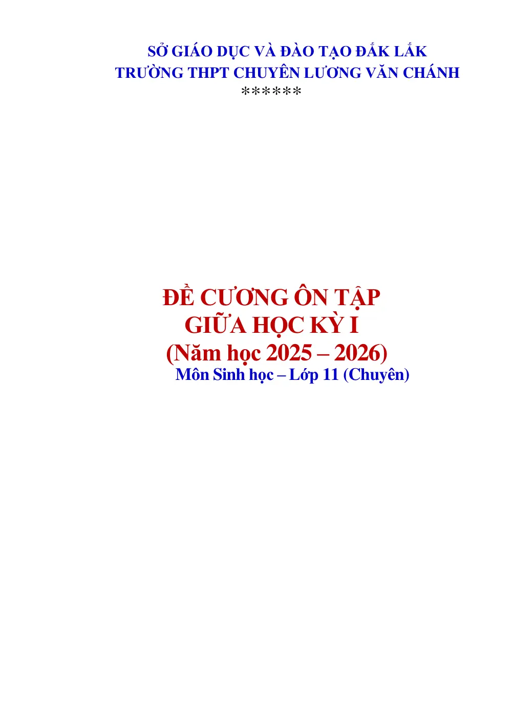 Đề cương ôn tập Giữa kì 1 Sinh học 11 năm 2025-2026 trường THPT chuyên Lương Văn Chánh (Đắk Lắk) - trang 1