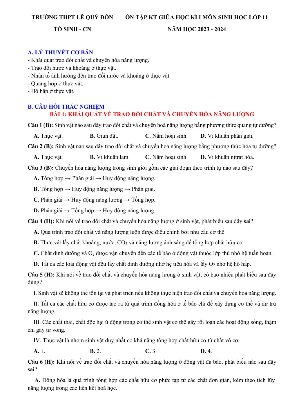 Đề cương ôn tập Giữa kì 1 Sinh học 11 năm 2023-2024 trường THPT Lê Quý Đôn (Đắk Lắk) - trang 1