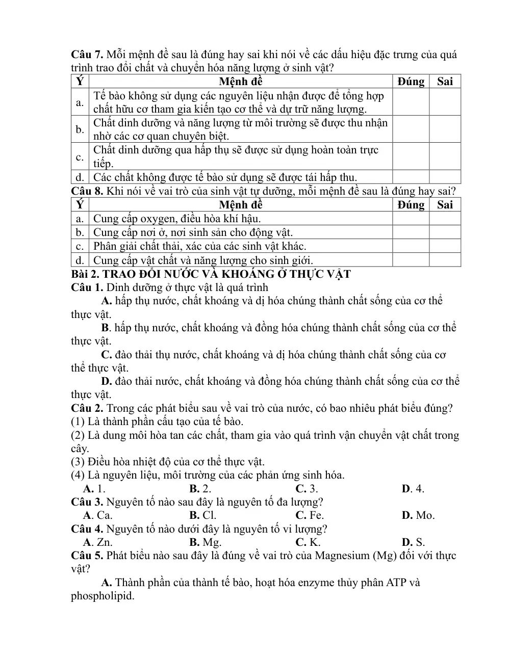 Đề cương ôn tập Giữa kì 1 Sinh học 11 năm 2024-2025 trường THPT Ngô Quyền (Đà Nẵng) - trang 6