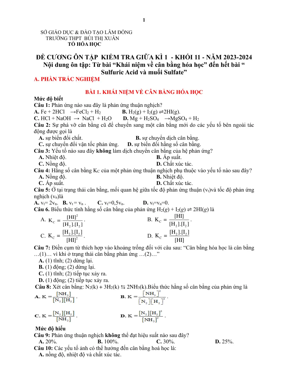 Đề cương ôn tập Giữa kì 1 Hóa học 11 năm 2023-2024 trường THPT Bùi Thị Xuân (Lâm Đồng) - trang 1