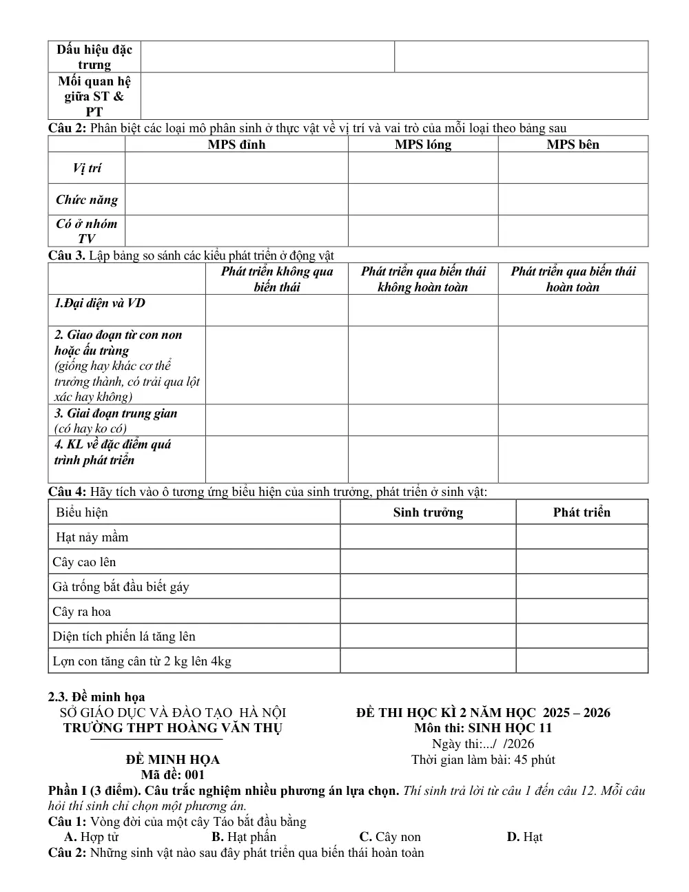 Đề cương ôn tập Học kì 2 Sinh học 11 năm 2025-2026 trường THPT Hoàng Văn Thụ (Hà Nội) - trang 7