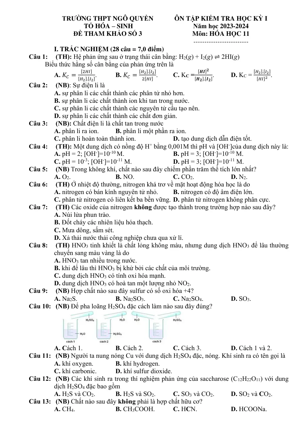 Đề cương ôn tập Học kì 1 Hóa học 11 năm 2023-2024 trường THPT Ngô Quyền (Đà Nẵng) - trang 9