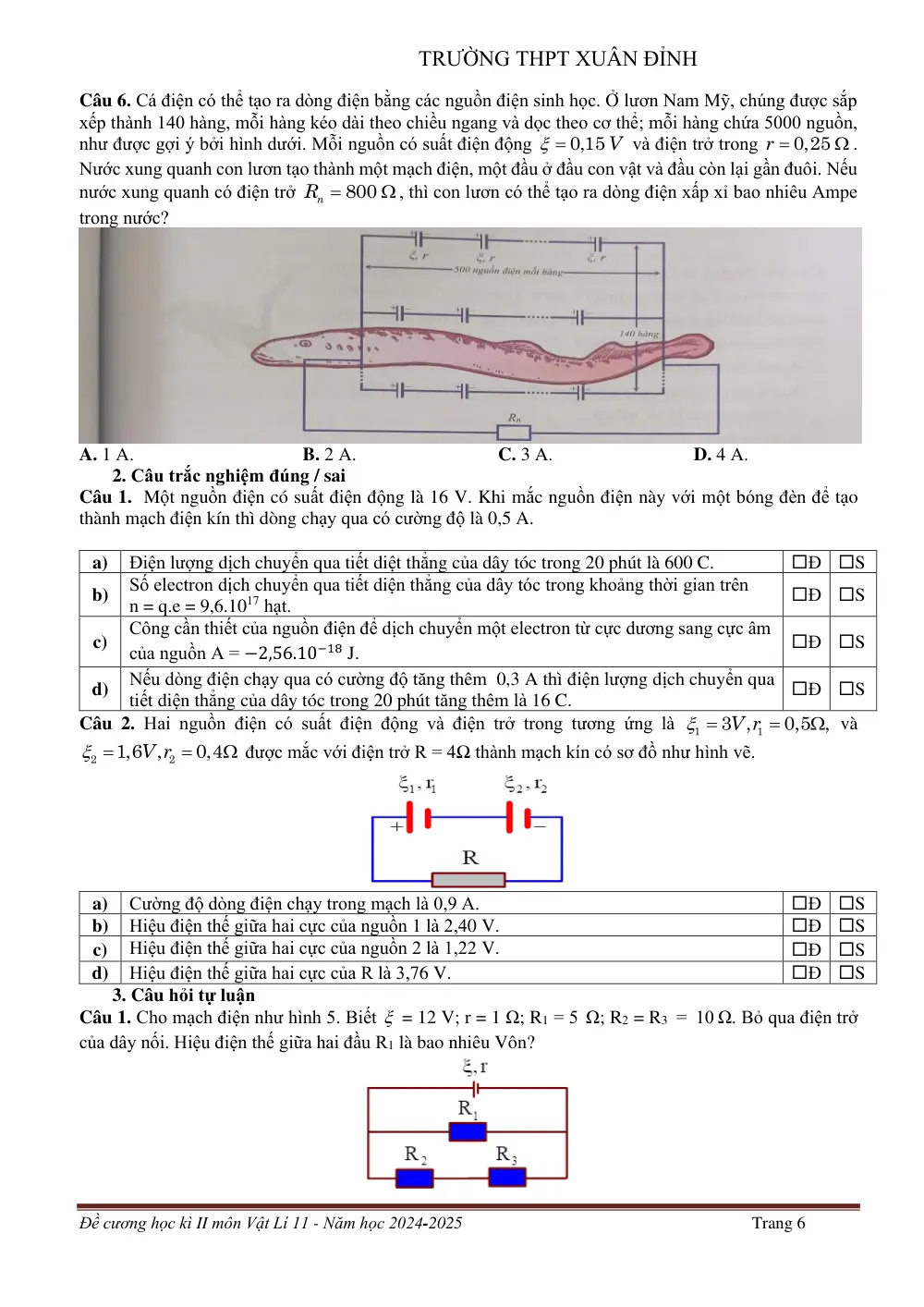 Đề cương ôn tập Học kì 2 Vật lí 11 năm 2024-2025 trường THPT Xuân Đỉnh (Hà Nội) - trang 6