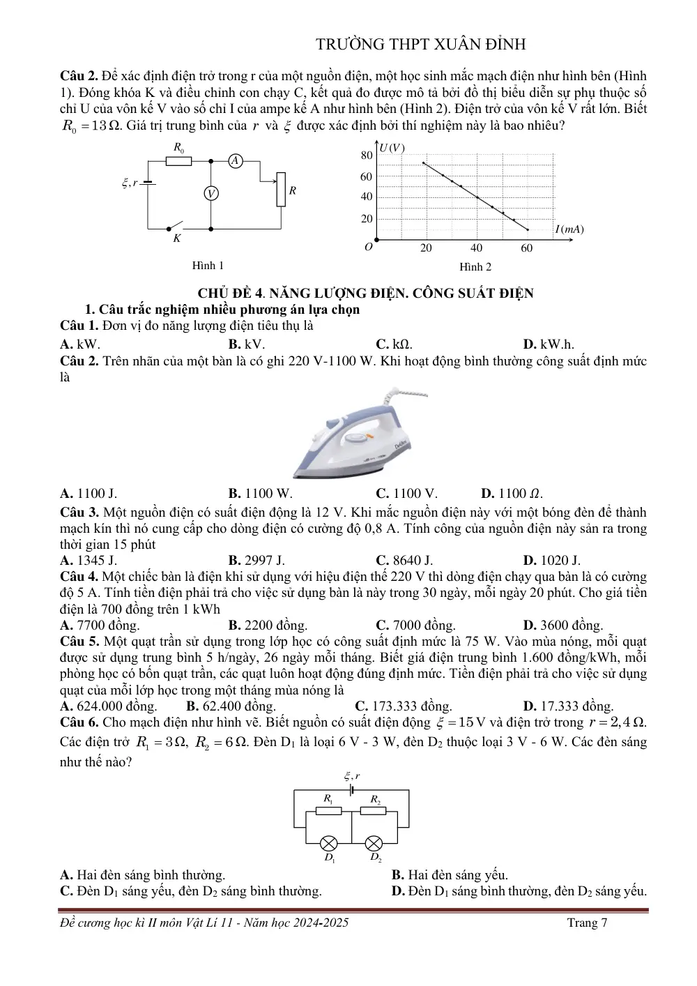 Đề cương ôn tập Học kì 2 Vật lí 11 năm 2024-2025 trường THPT Xuân Đỉnh (Hà Nội) - trang 7