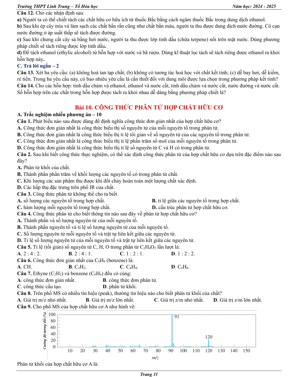 Đề cương ôn tập Học kì 1 Hóa học 11 năm 2024-2025 trường THPT Linh Trung (TP Hồ Chí Minh) - trang 11