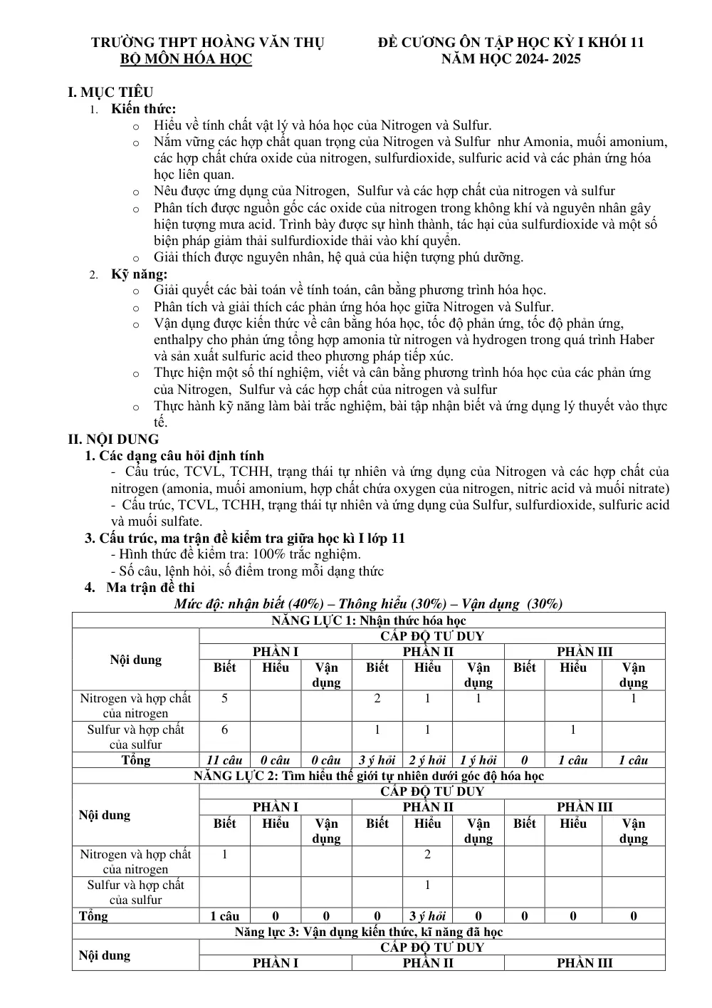 Đề cương ôn tập Học kì 1 Hóa học 11 năm 2024-2025 trường THPT Hoàng Văn Thụ (Hà Nội) - trang 1
