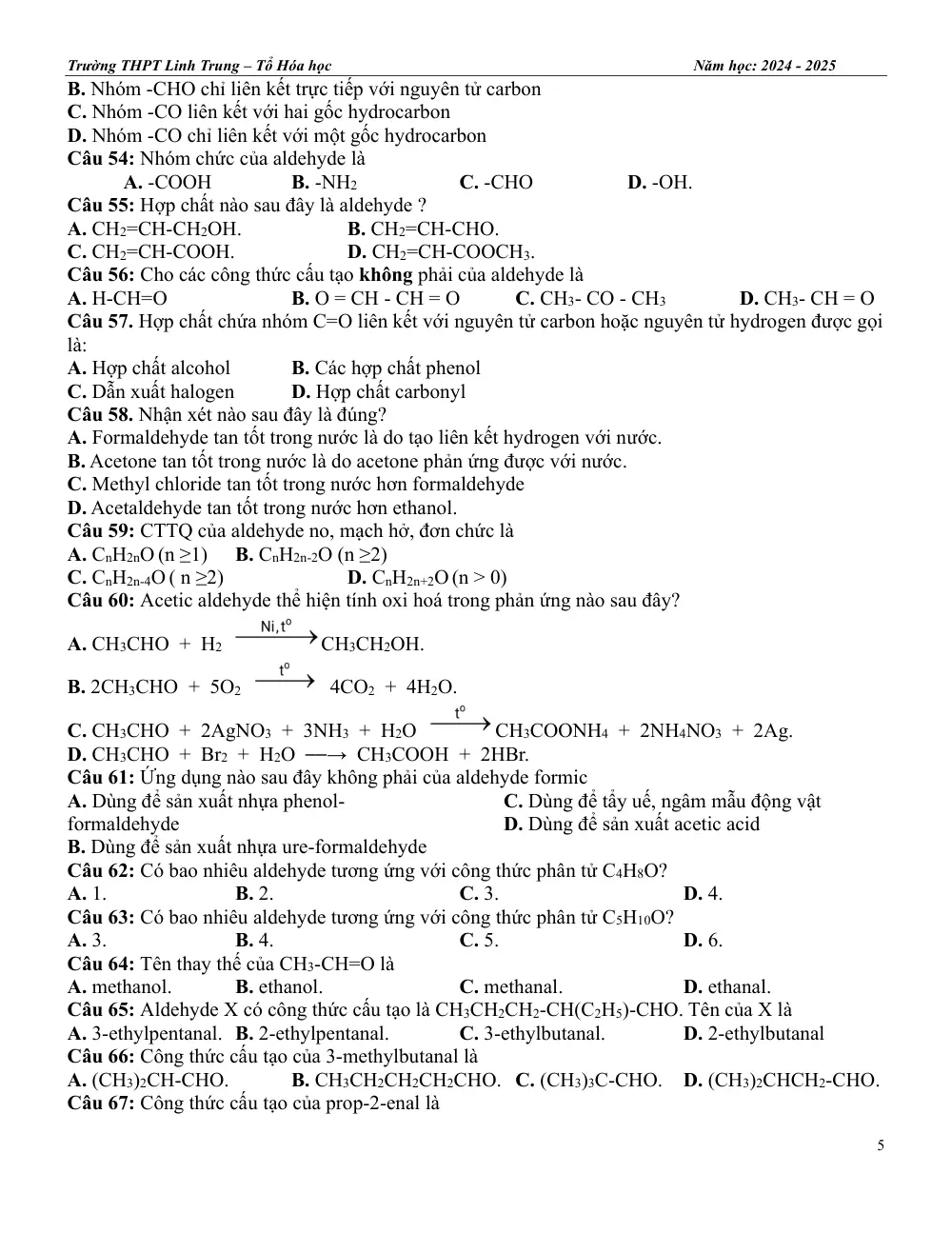 Đề cương ôn tập Học kì 2 Hóa học 11 năm 2024-2025 trường THPT Linh Trung (TP Hồ Chí Minh) - trang 5
