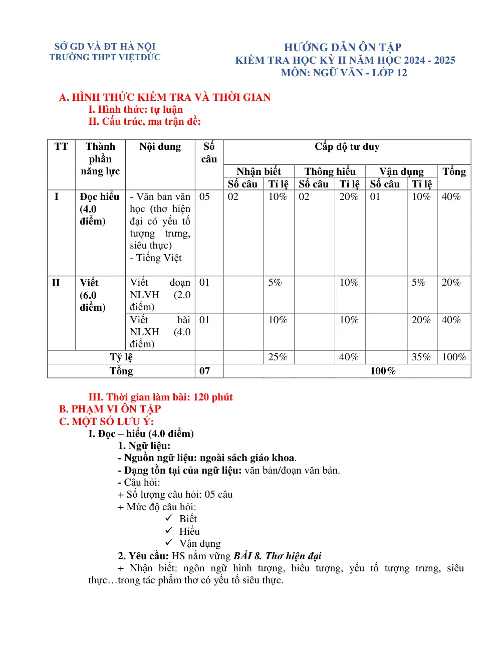Đề cương ôn tập Học kì 2 Ngữ văn 12 năm 2024-2025 trường THPT Việt Đức (Hà Nội) - trang 1
