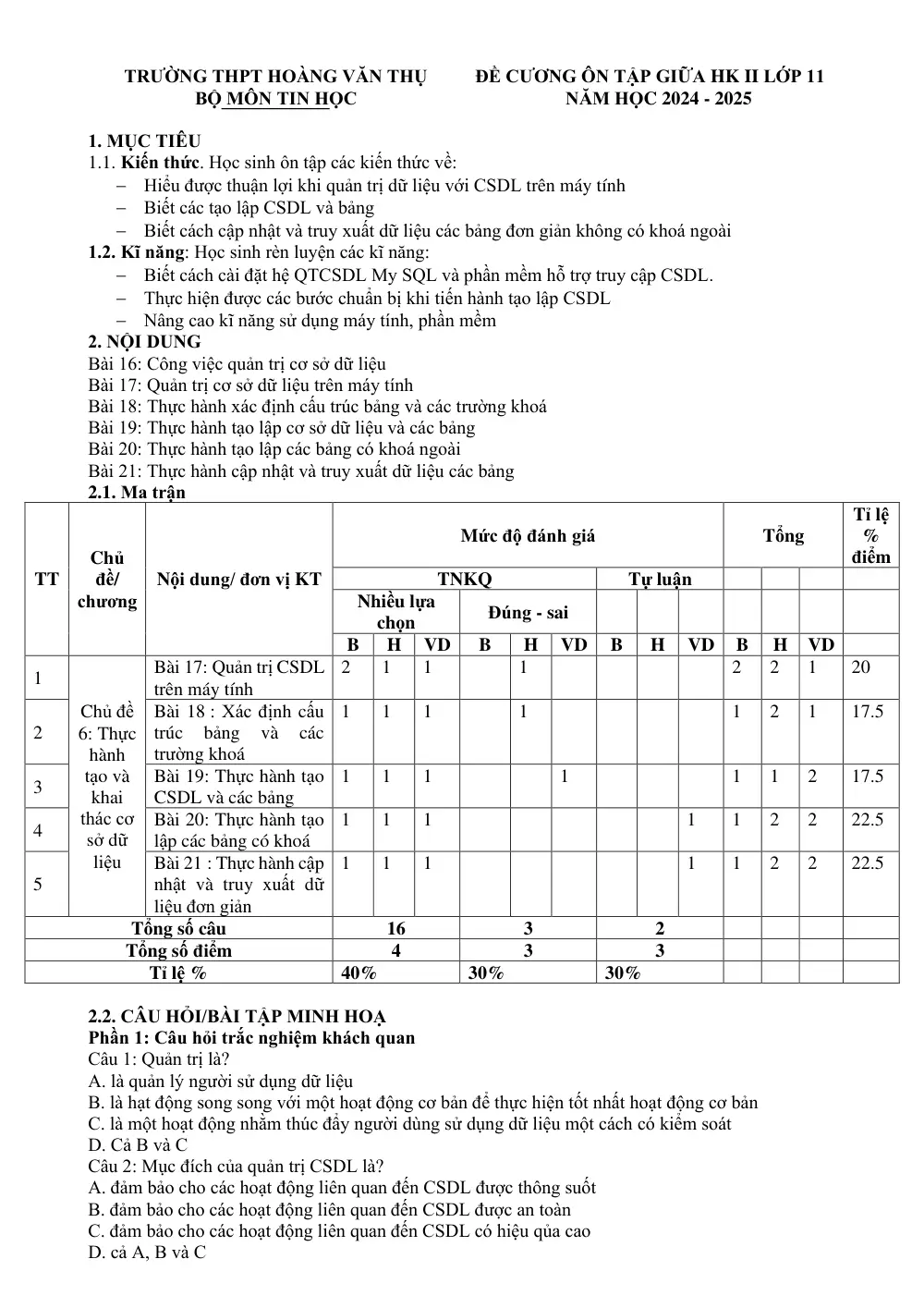 Đề cương ôn tập Giữa kì 2 Tin học 11 năm 2024-2025 trường THPT Hoàng Văn Thụ (Hà Nội) - trang 1