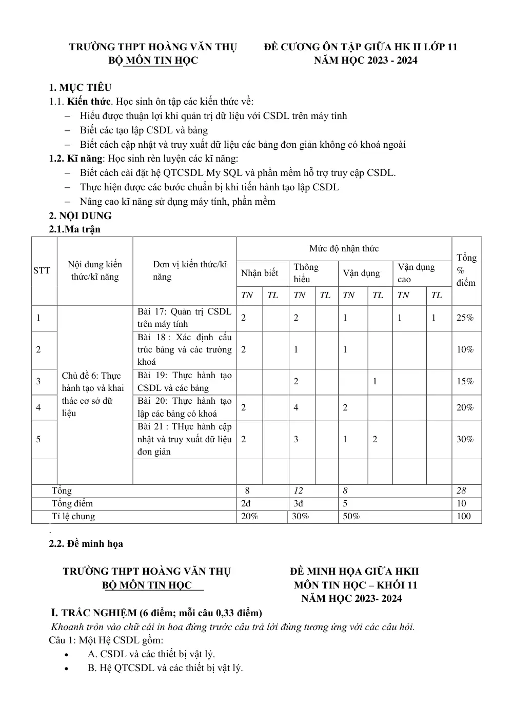 Đề cương ôn tập Giữa kì 2 Tin học 11 năm 2023-2024 trường THPT Hoàng Văn Thụ (Hà Nội) - trang 1