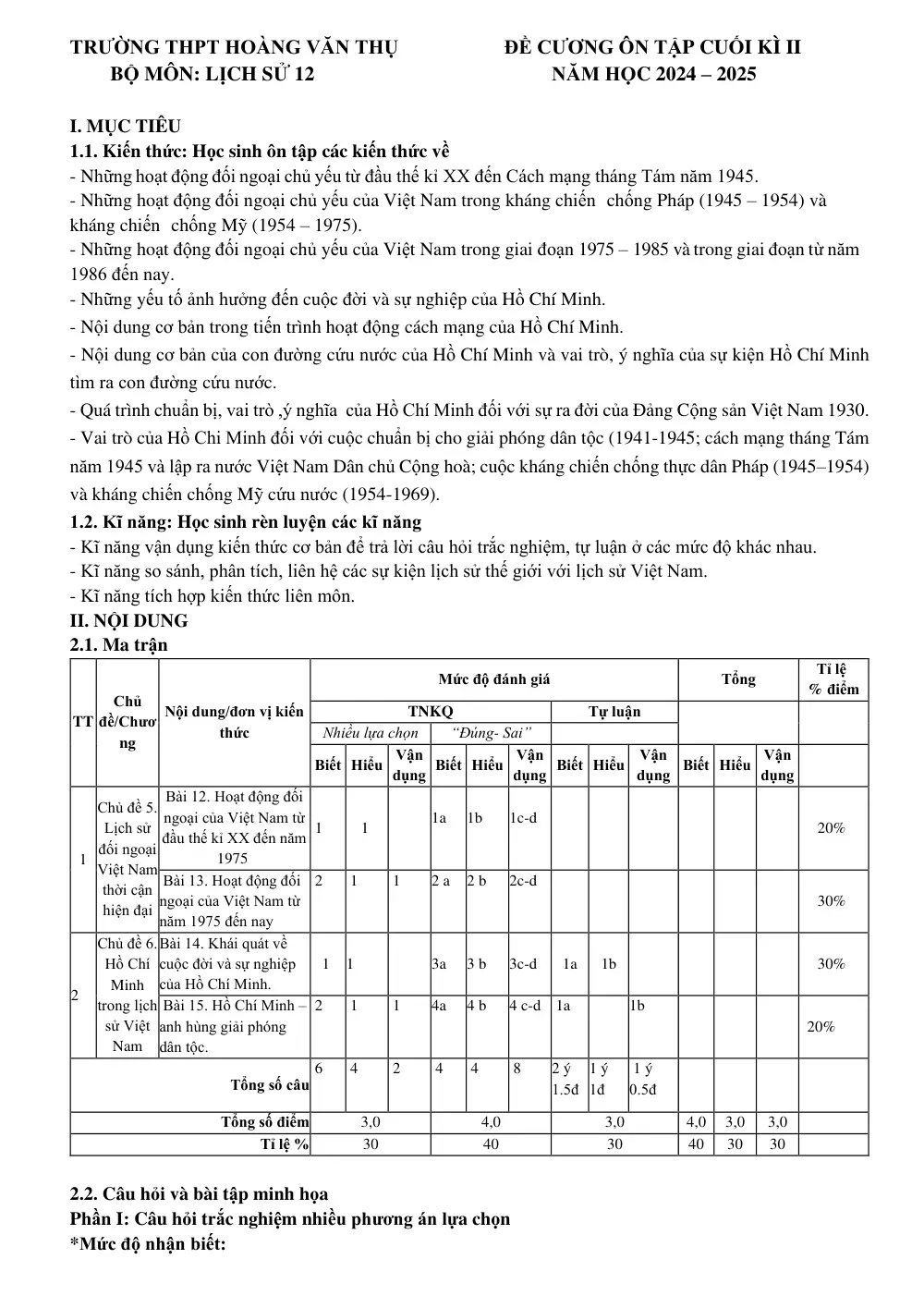 Đề cương ôn tập Học kì 2 Lịch sử 12 năm 2024-2025 trường THPT Hoàng Văn Thụ (Hà Nội) - trang 1