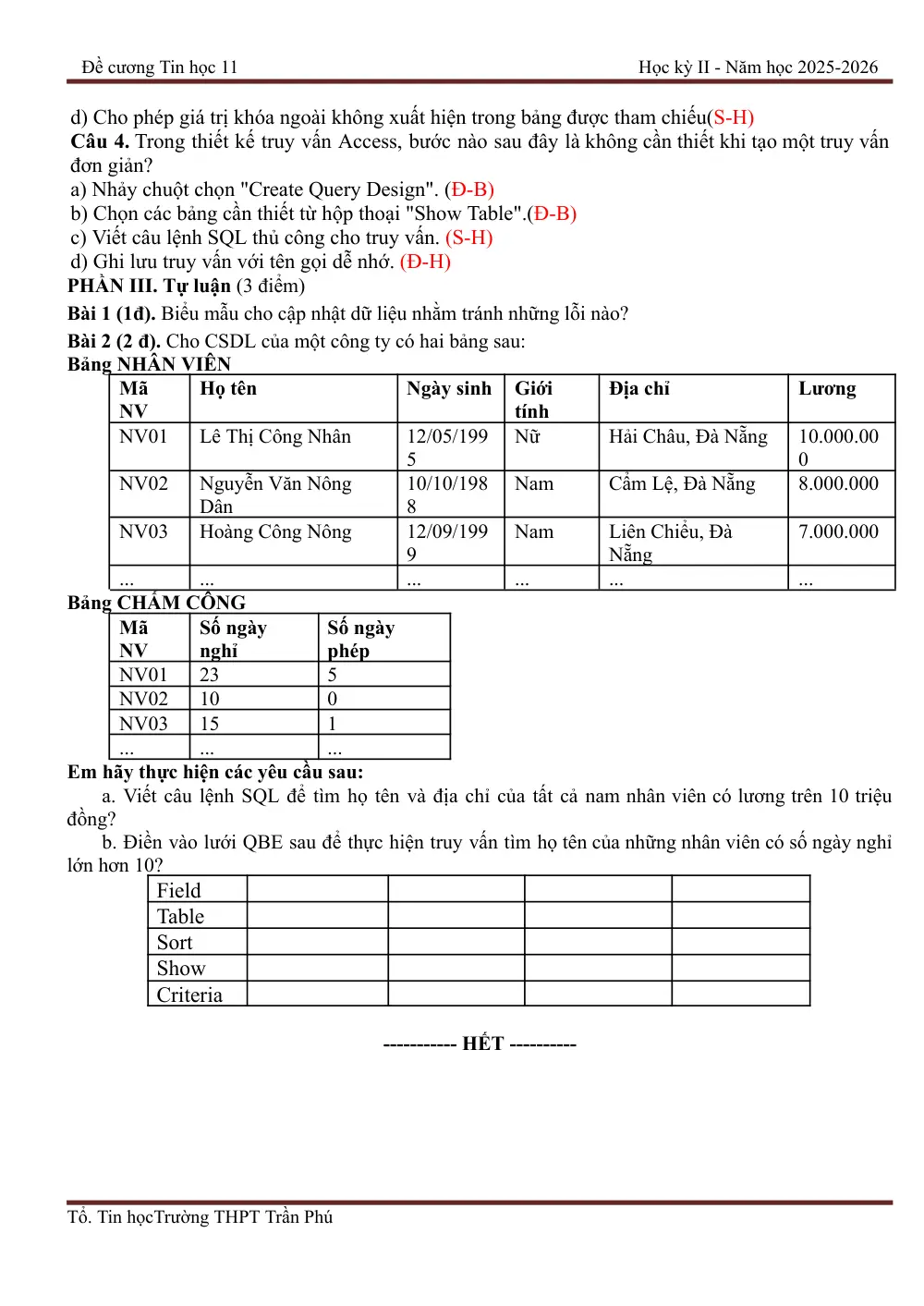 Đề cương ôn tập Học kì 2 Tin học 11 năm 2025-2026 trường THPT Trần Phú (Đà Nẵng) - trang 7
