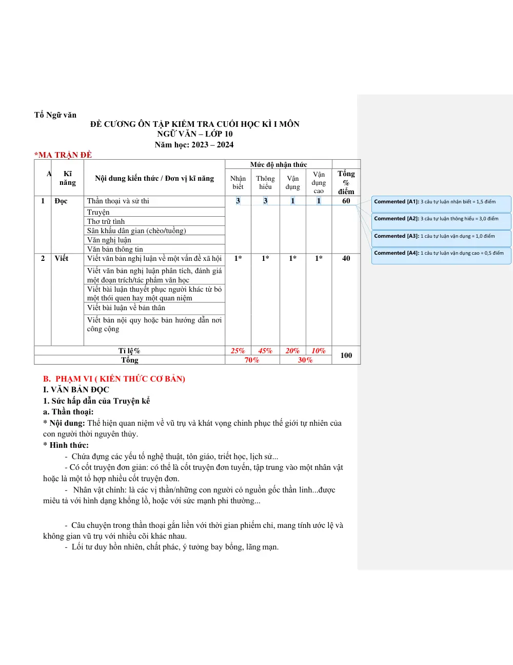 Đề cương ôn tập Học kì 1 Ngữ văn 10 năm 2023-2024 trường THPT Yên Dũng số 2 (Bắc Ninh) - trang 1