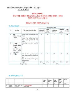 Trang đầu Đề cương ôn tập Giữa kì 2 Ngữ văn 10 năm 2023-2024 trường THPT Bùi Thị Xuân (Đà Lạt)
