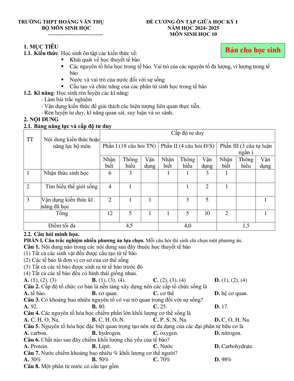 Đề cương ôn tập Giữa kì 1 Sinh học 10 năm 2024-2025 trường THPT Hoàng Văn Thụ (Hà Nội) - trang 1