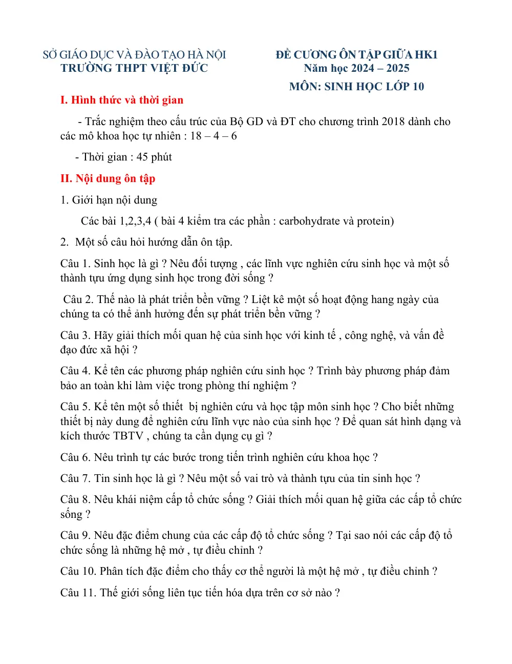 Đề cương ôn tập Giữa kì 1 Sinh học 10 năm 2024-2025 trường THPT Việt Đức (Hà Nội) - trang 1