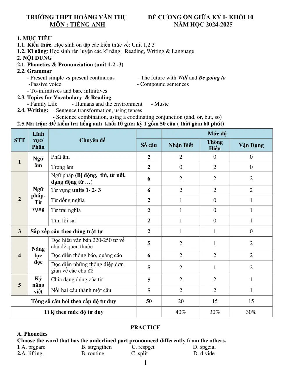 Đề cương ôn tập Giữa kì 1 Tiếng Anh 10 năm 2024-2025 trường THPT Hoàng Văn Thụ (Hà Nội) - trang 1