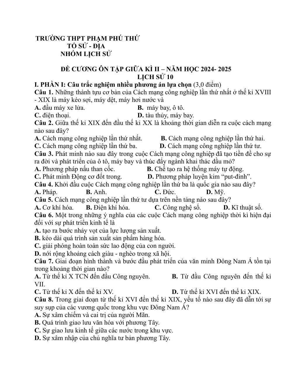 Đề cương ôn tập Giữa kì 2 Lịch sử 10 năm 2024-2025 trường THPT Phạm Phú Thứ (Đà Nẵng) - trang 1