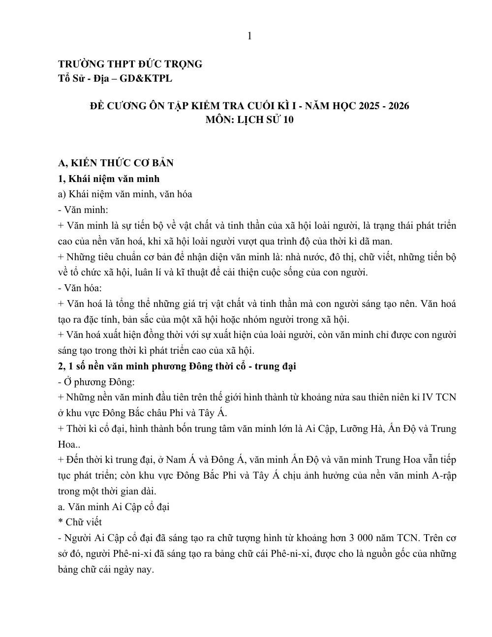 Đề cương ôn tập Học kì 1 Lịch sử 10 năm 2025-2026 trường THPT Đức Trọng (Lâm Đồng) - trang 1
