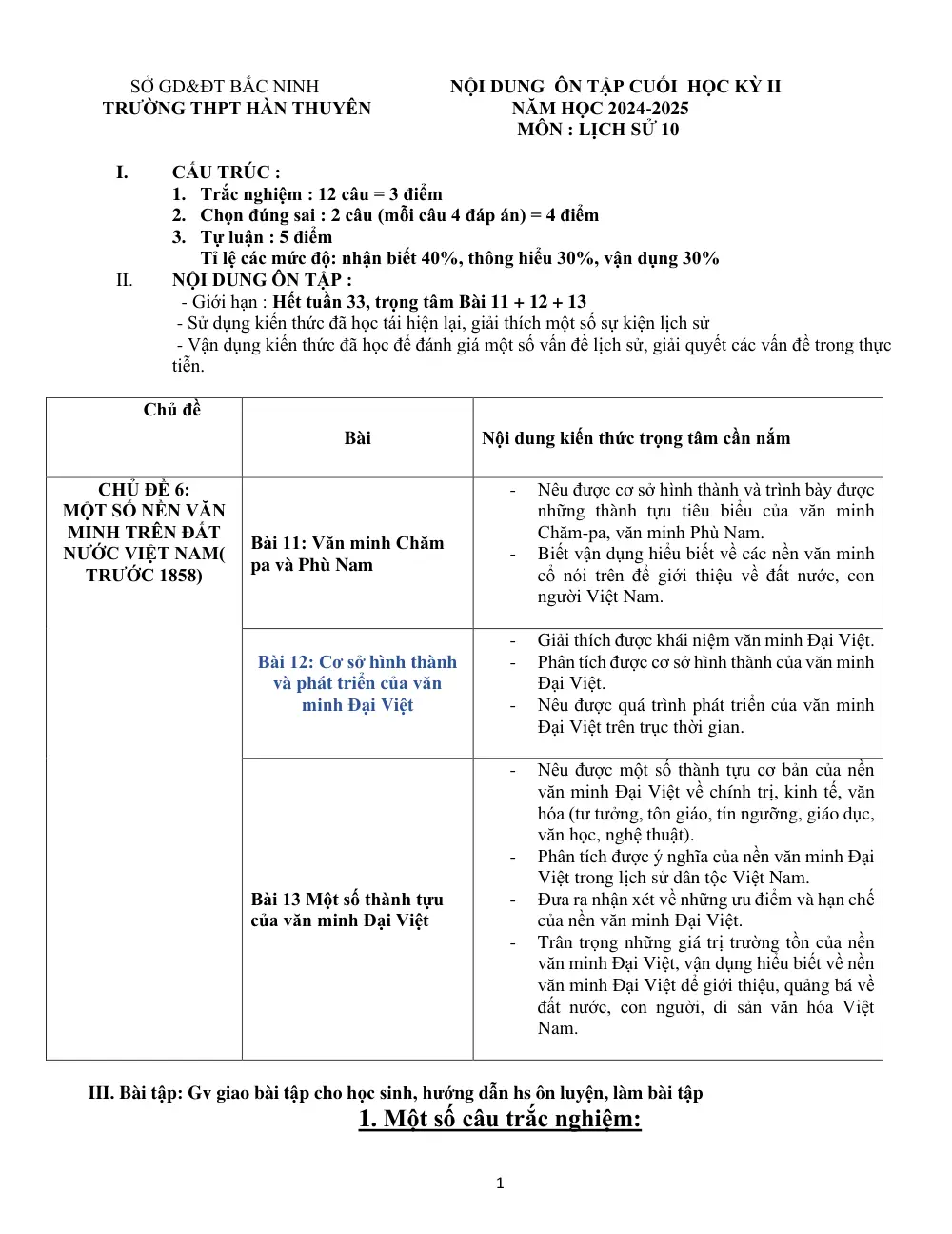 Đề cương ôn tập Học kì 2 Lịch sử 10 năm 2024-2025 trường THPT Hàn Thuyên (Bắc Ninh) - trang 1