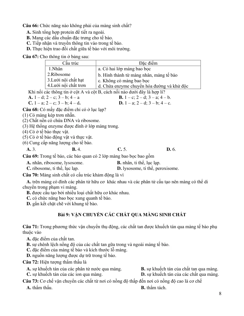 Đề cương ôn tập Học kì 1 Sinh học 10 năm 2024-2025 trường THPT Ngô Quyền (Đà Nẵng) - trang 8