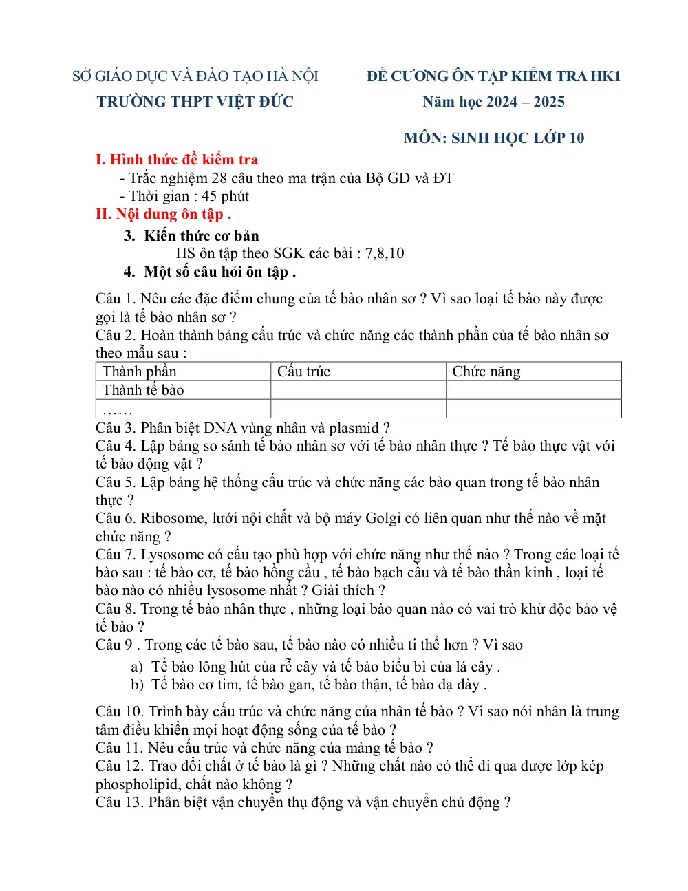 Đề cương ôn tập Học kì 1 Sinh học 10 năm 2024-2025 trường THPT Việt Đức (Hà Nội) - trang 1