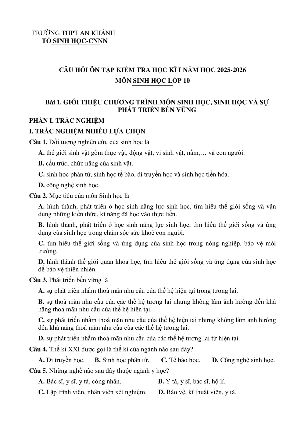 Đề cương ôn tập Học kì 1 Sinh học 10 năm 2025-2026 trường THPT An Khánh (Cần Thơ) - trang 1