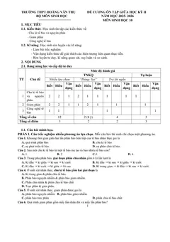 Trang đầu Đề cương ôn tập Giữa kì 2 Sinh học 10 năm 2025-2026 trường THPT Hoàng Văn Thụ (Hà Nội)