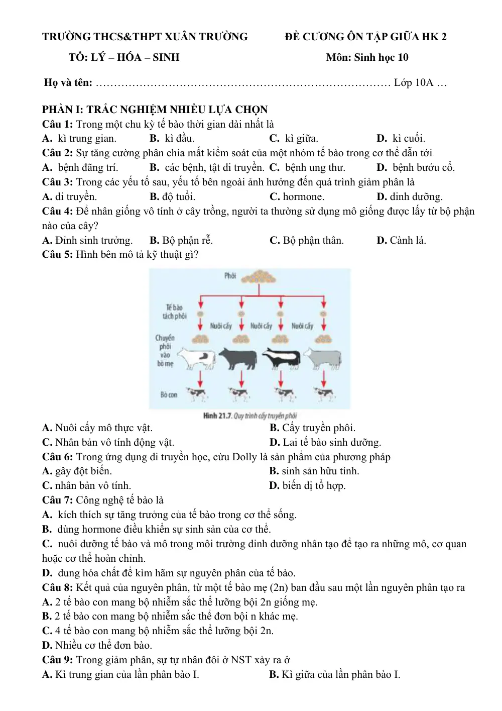 Đề cương ôn tập Giữa kì 2 Sinh học 10 năm 2025-2026 trường THCS-THPT Xuân Trường (Đà Lạt) - trang 1