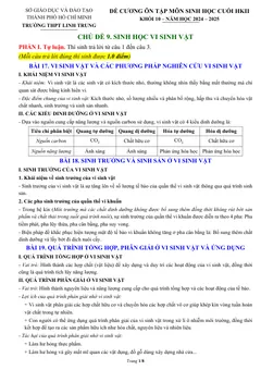 Trang đầu Đề cương ôn tập Học kì 2 Sinh học 10 năm 2024-2025 trường THPT Linh Trung (TP Hồ Chí Minh)