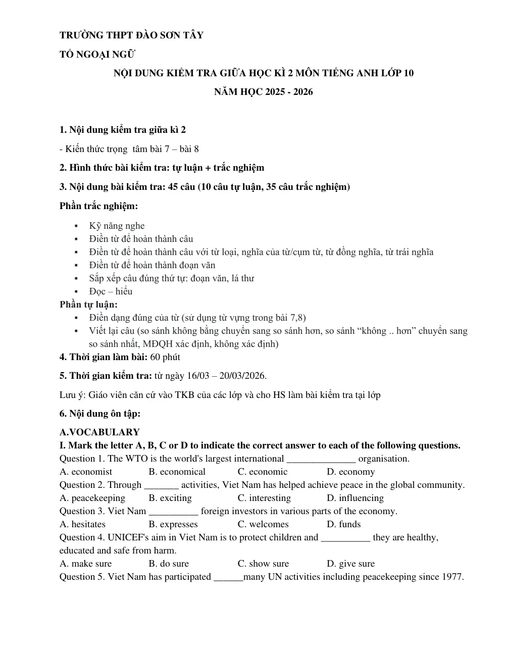 Đề cương ôn tập Giữa kì 2 Tiếng Anh 10 năm 2025-2026 trường THPT Đào Sơn Tây (TP Hồ Chí Minh) - trang 1