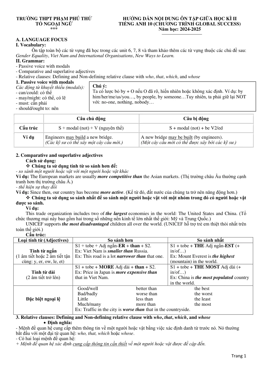 Đề cương ôn tập Giữa kì 2 Tiếng Anh 10 năm 2024-2025 trường THPT Phạm Phú Thứ (Đà Nẵng) - trang 1