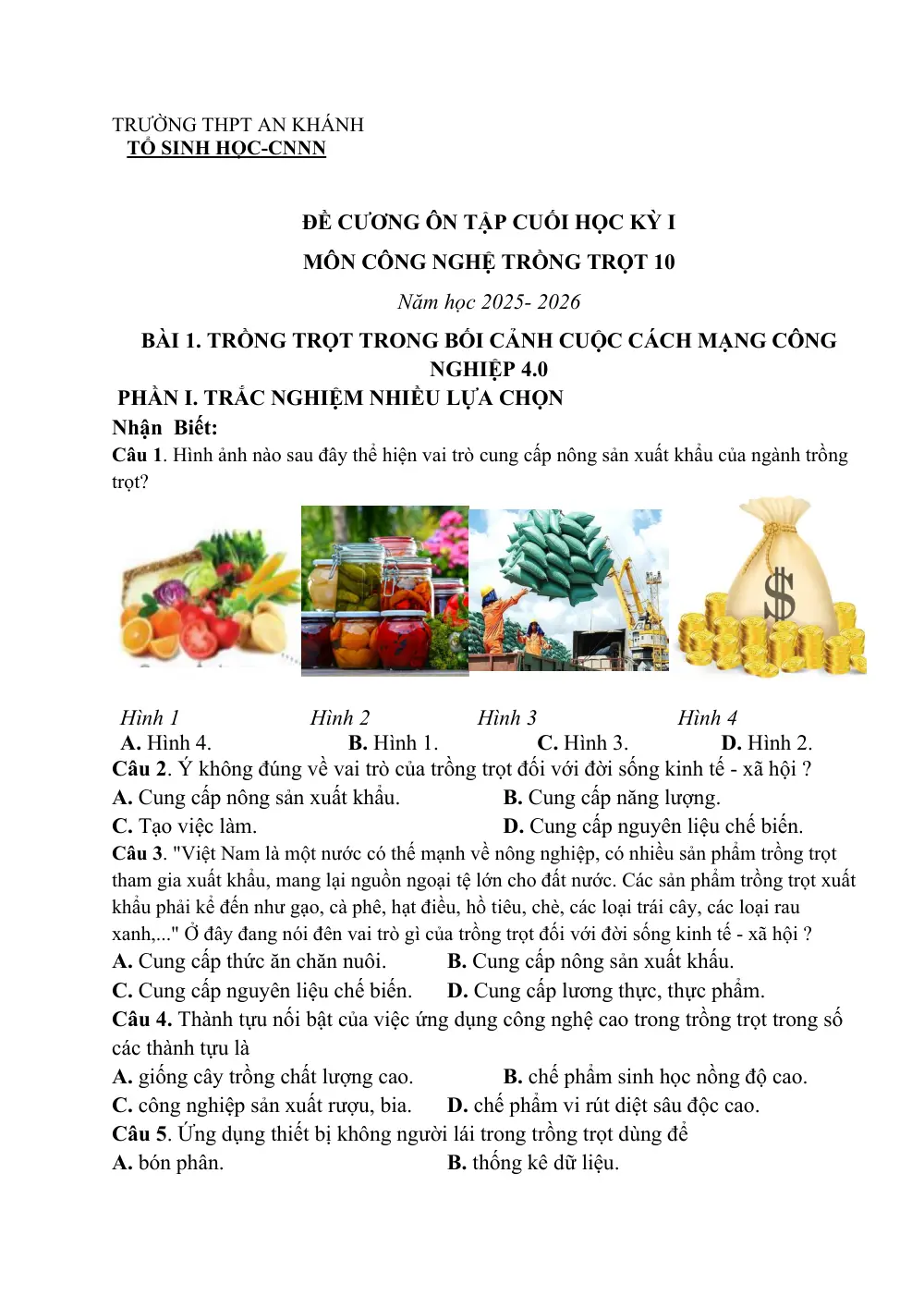 Đề cương ôn tập Học kì 1 Công nghệ Nông nghiệp 10 năm 2025-2026 trường THPT An Khánh (Cần Thơ) - trang 1