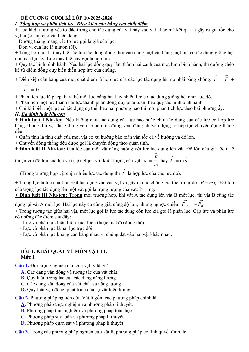 Đề cương ôn tập Học kì 1 Vật lí 10 năm 2025-2026 trường THPT Hàn Thuyên (Bắc Ninh) - trang 1