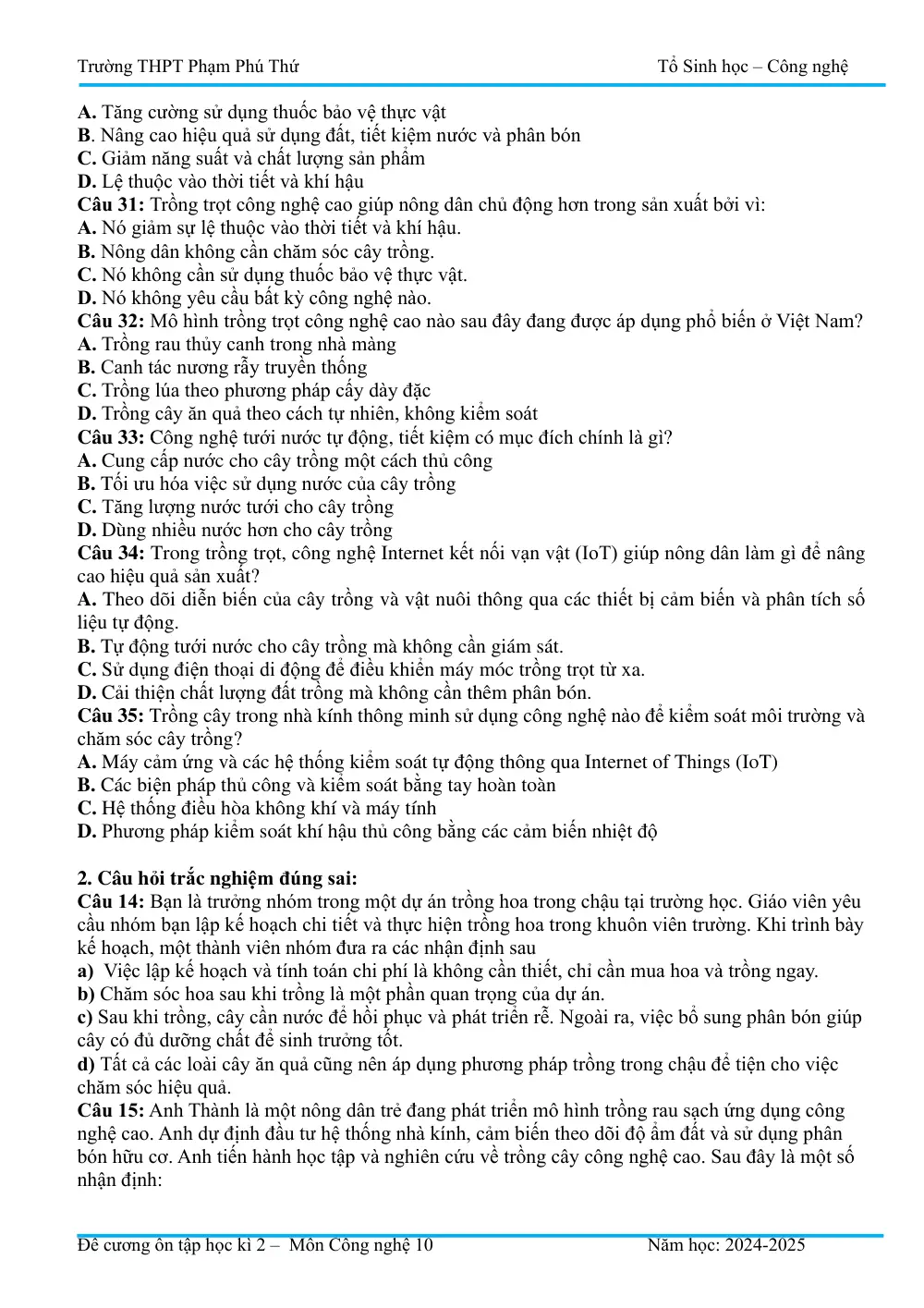 Đề cương ôn tập Học kì 2 Công nghệ Nông nghiệp 10 năm 2024-2025 trường THPT Phạm Phú Thứ (Đà Nẵng) - trang 4