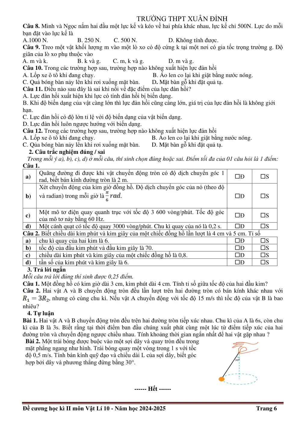 Đề cương ôn tập Học kì 2 Vật lí 10 năm 2024-2025 trường THPT Xuân Đỉnh (Hà Nội) - trang 6