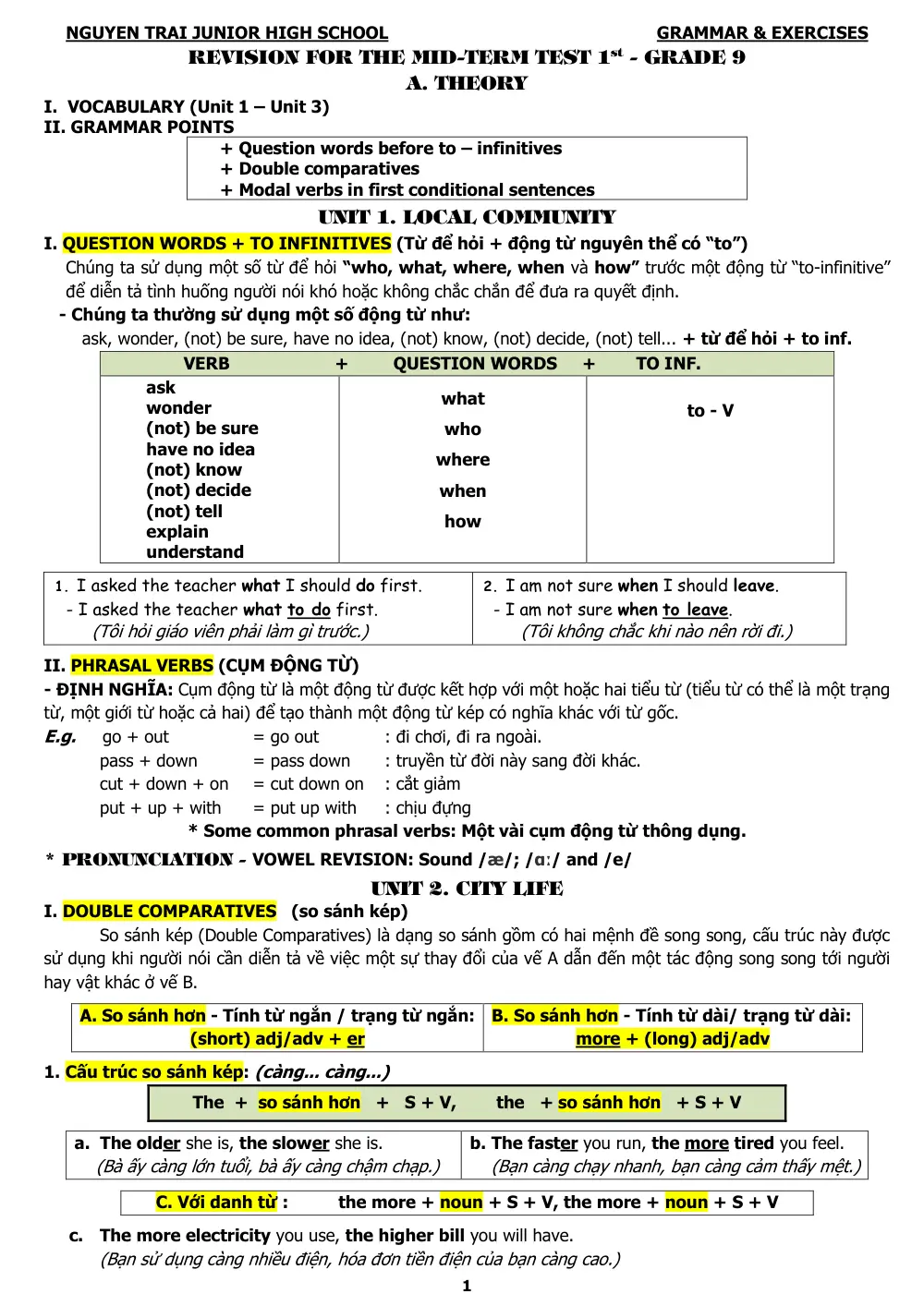 Đề cương ôn tập Giữa kì 1 Tiếng Anh 9 năm 2025-2026 trường THCS Nguyễn Trãi (Bà Rịa Vũng Tàu) - trang 1