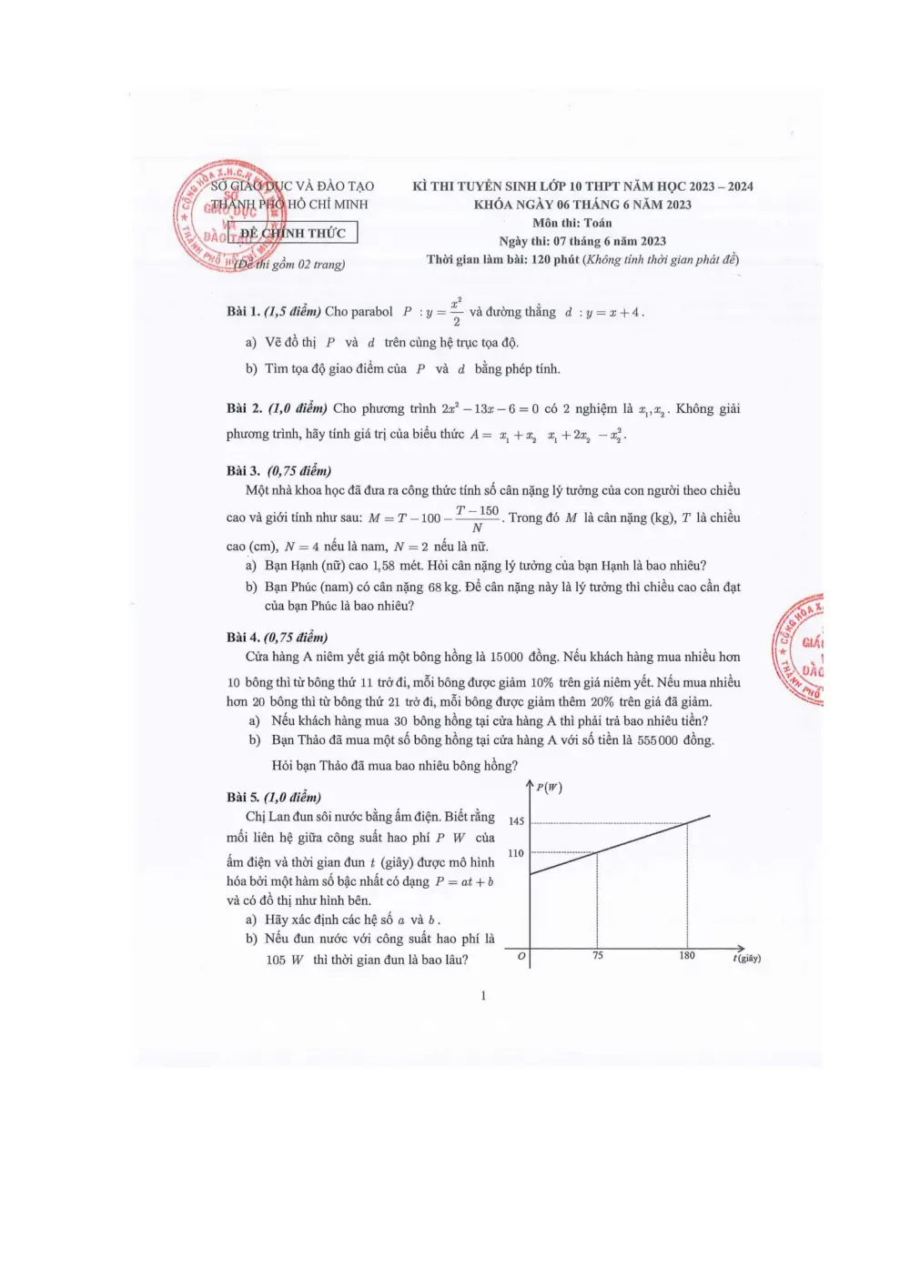 Đề tuyển sinh vào 10 Toán 2023-2024 Sở TP Hồ Chí Minh - trang 1