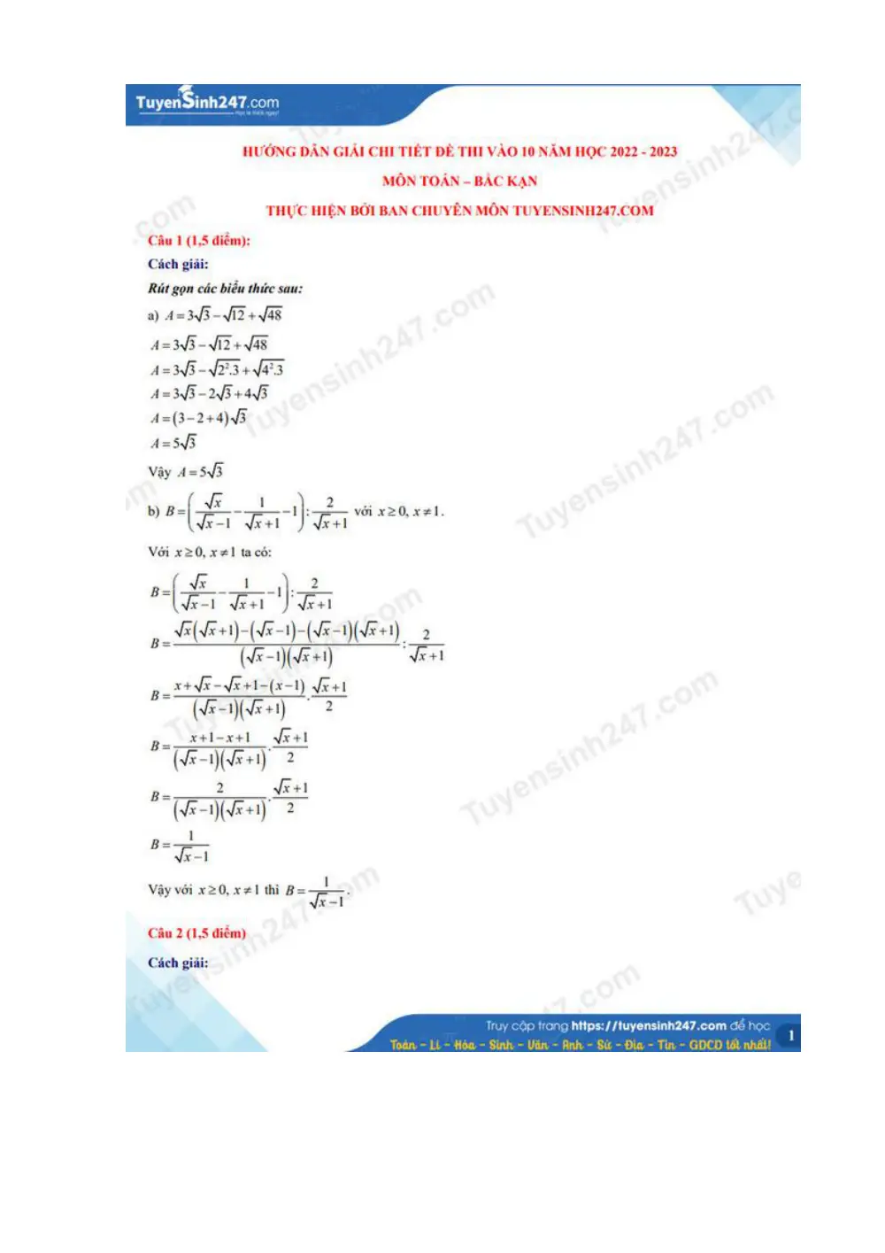 Đề tuyển sinh vào 10 Toán 2022-2023 Sở Bắc Kạn - trang 2