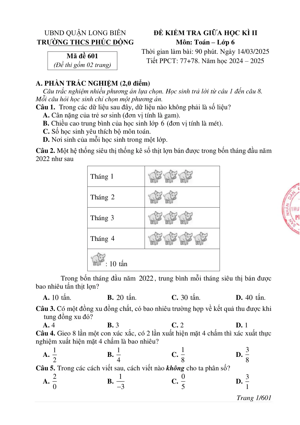 Đề thi Giữa kì 2 Toán 6 năm 2024-2025 trường THCS Phúc Đồng (Hà Nội) - trang 1