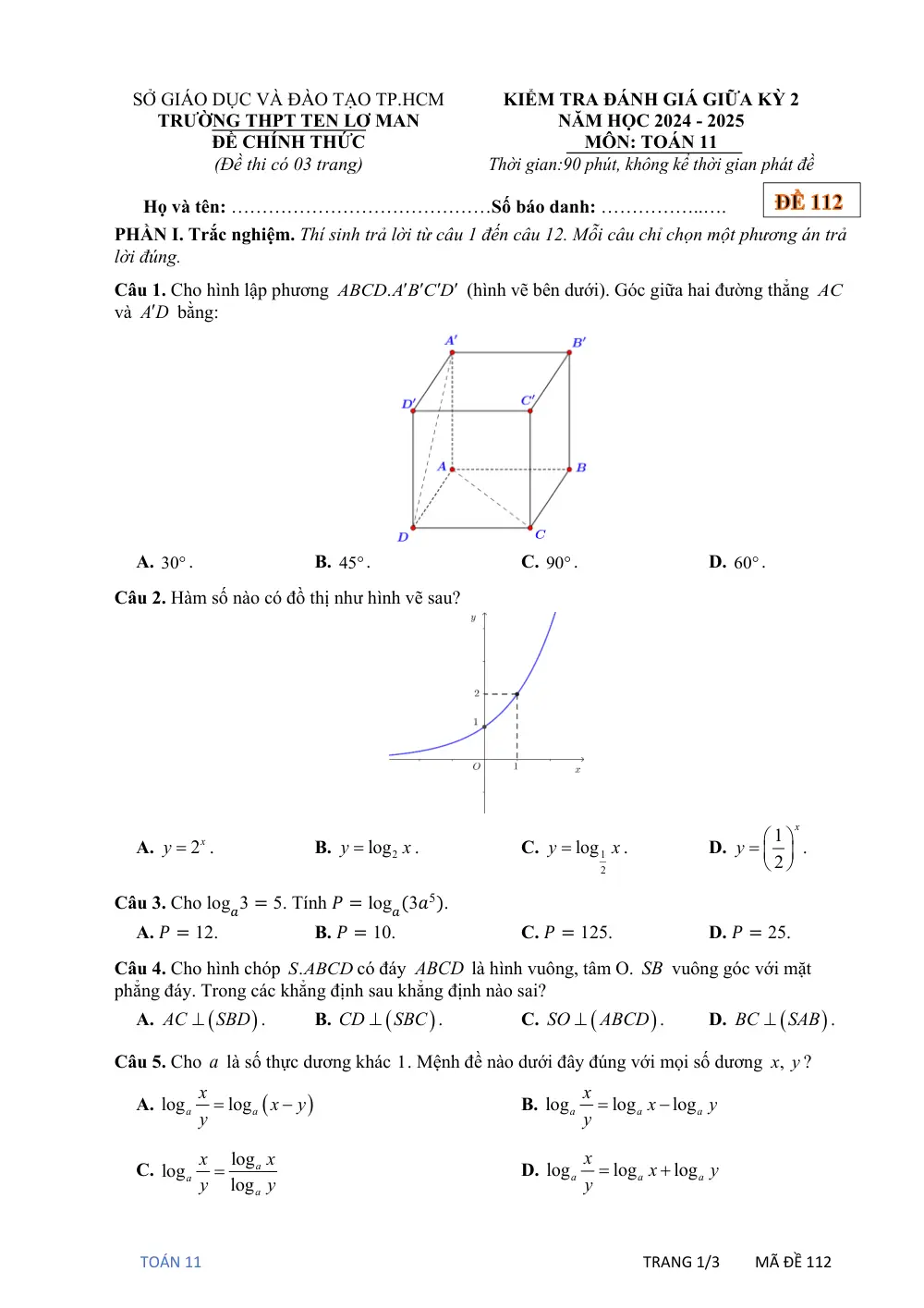 Đề thi Giữa kì 2 Toán 11 năm 2024-2025 trường THPT Ten Lơ Man (TP Hồ Chí Minh) - trang 4