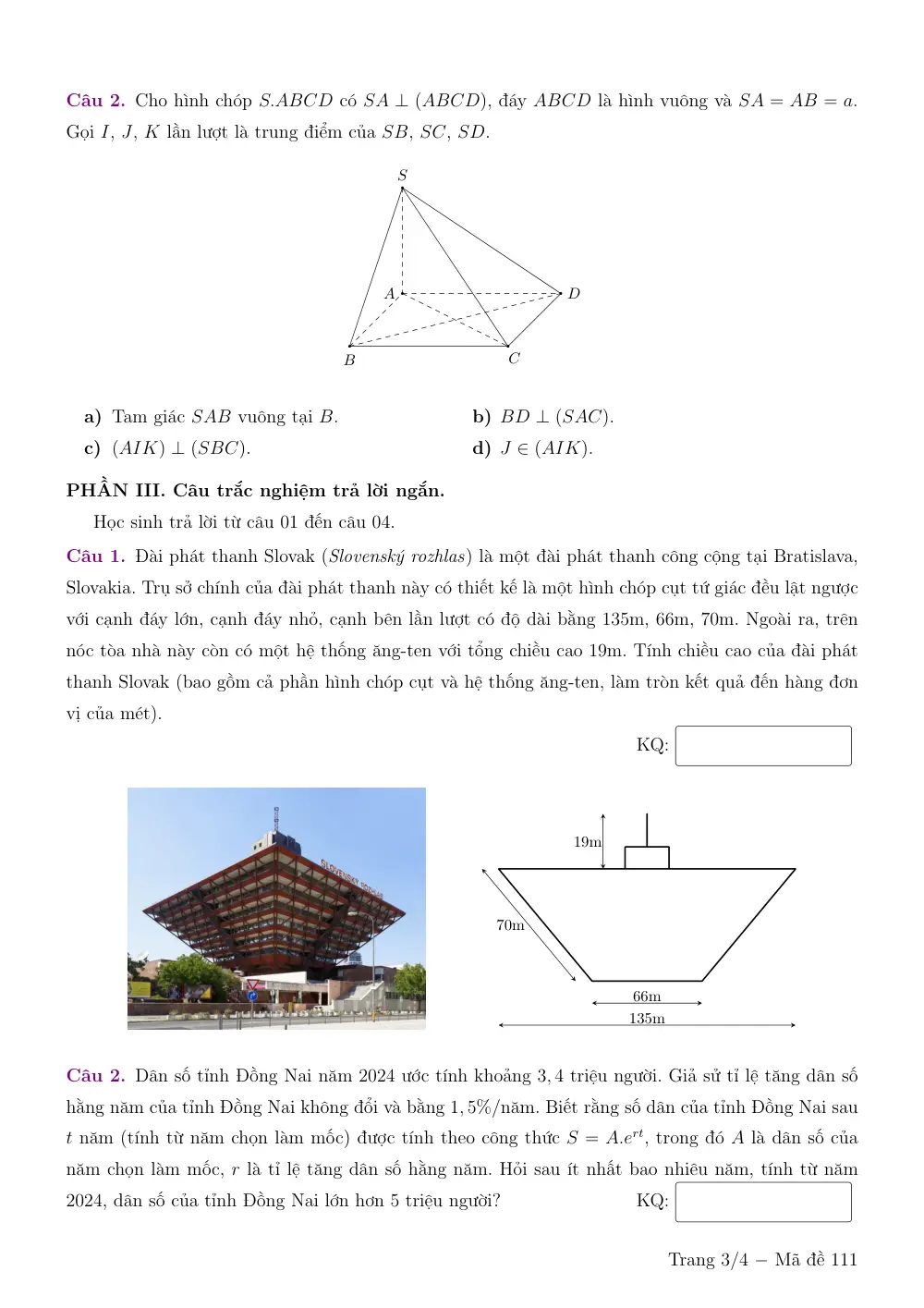 Đề thi Giữa kì 2 Toán 11 năm 2024-2025 trường THPT chuyên Lương Thế Vinh (Đồng Nai) - trang 3
