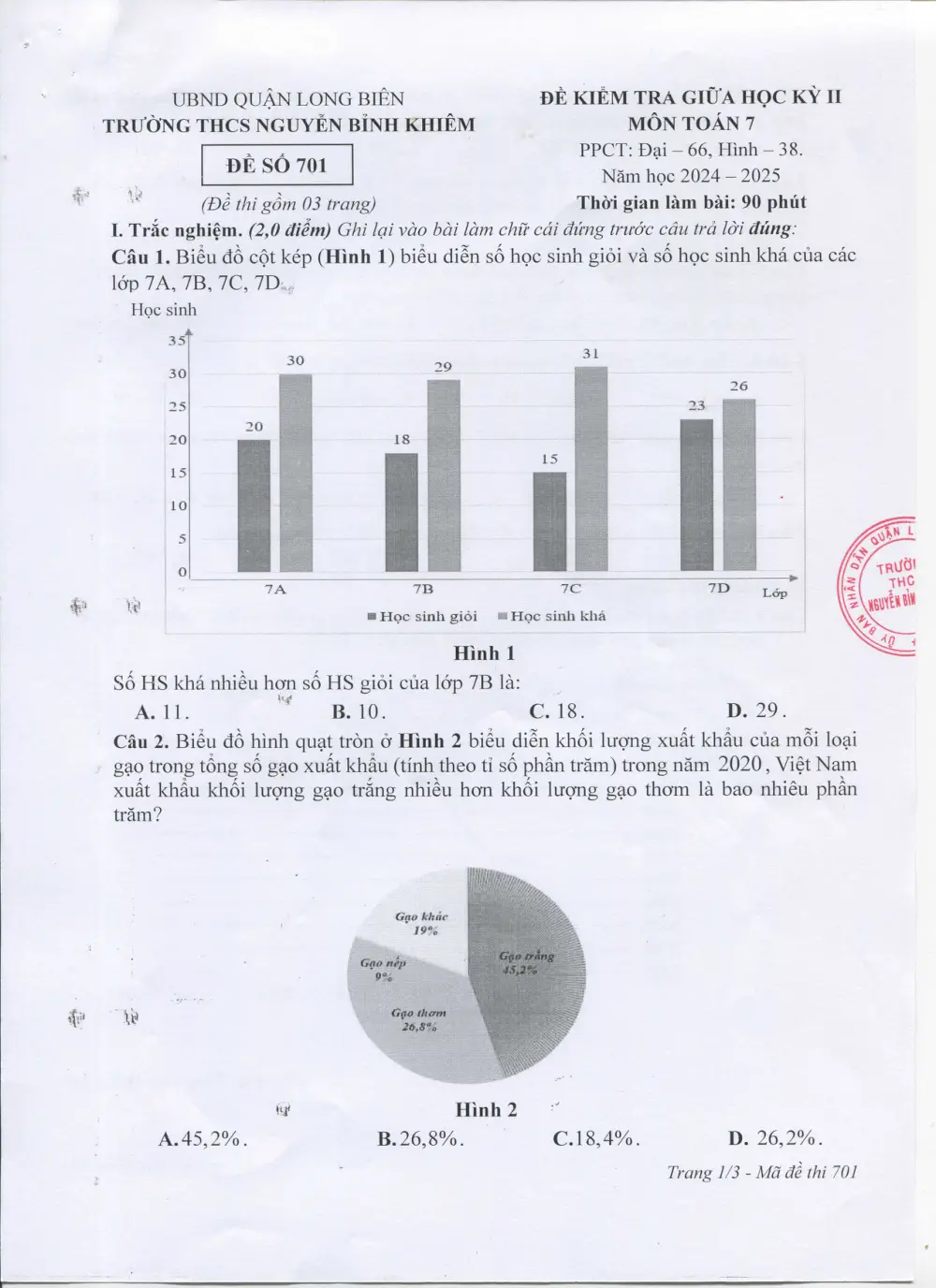 Đề thi Giữa kì 2 Toán 7 năm 2024-2025 trường THCS Nguyễn Bỉnh Khiêm (Hà Nội) - trang 1