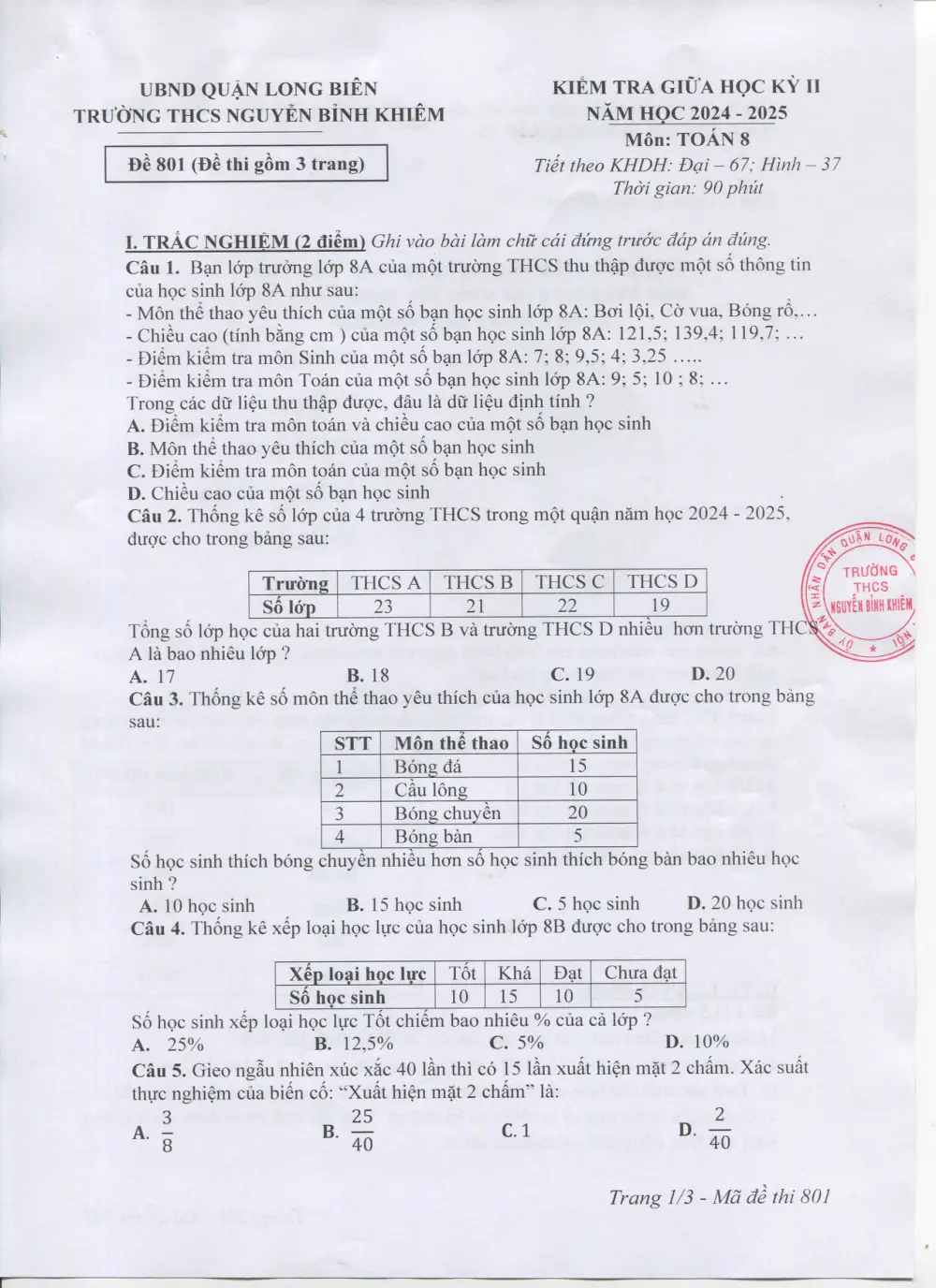 Đề thi Giữa kì 2 Toán 8 năm 2024-2025 trường THCS Nguyễn Bỉnh Khiêm (Hà Nội) - trang 1