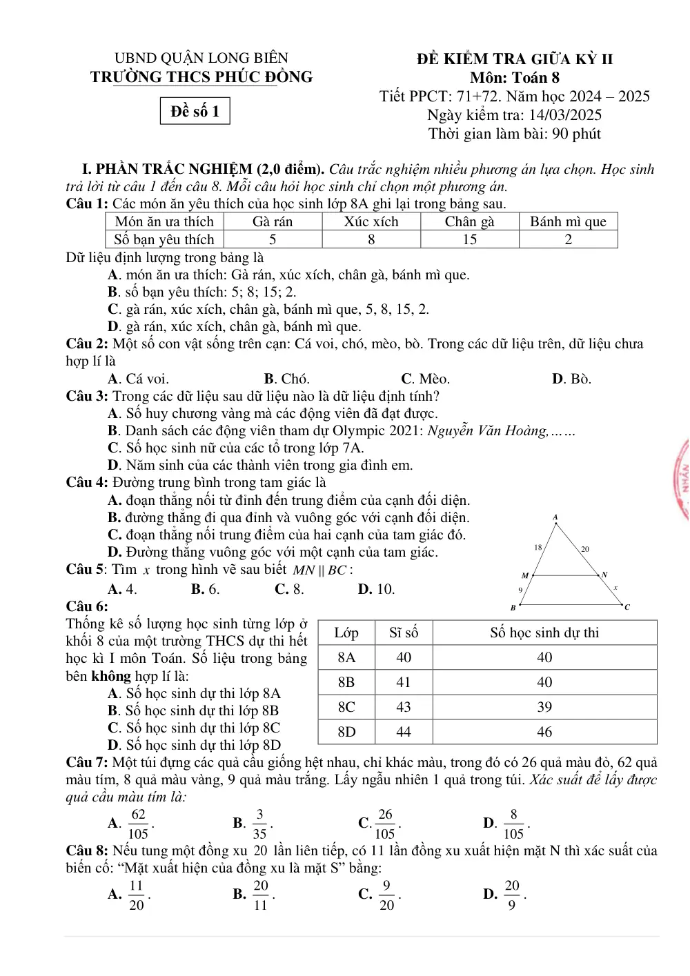 Đề thi Giữa kì 2 Toán 8 năm 2024-2025 trường THCS Phúc Đồng (Hà Nội) - trang 1