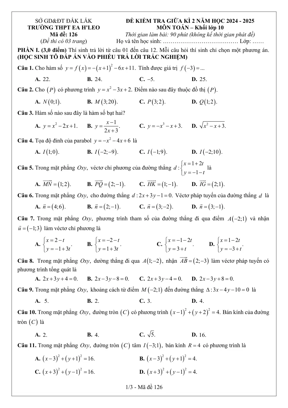 Đề thi Giữa kì 2 Toán 10 năm 2024-2025 trường THPT Ea H'Leo (Đắk Lắk) - trang 1